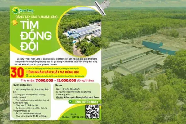 Công ty TNHH Nam Long tuyển 30 công nhân sản xuất và đóng gói, thu nhập lên đến 12tr/tháng
