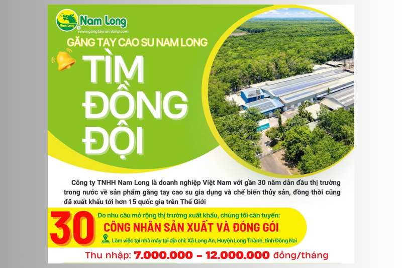 Công ty TNHH Nam Long tuyển 30 công nhân sản xuất và đóng gói, thu nhập lên đến 12tr/tháng